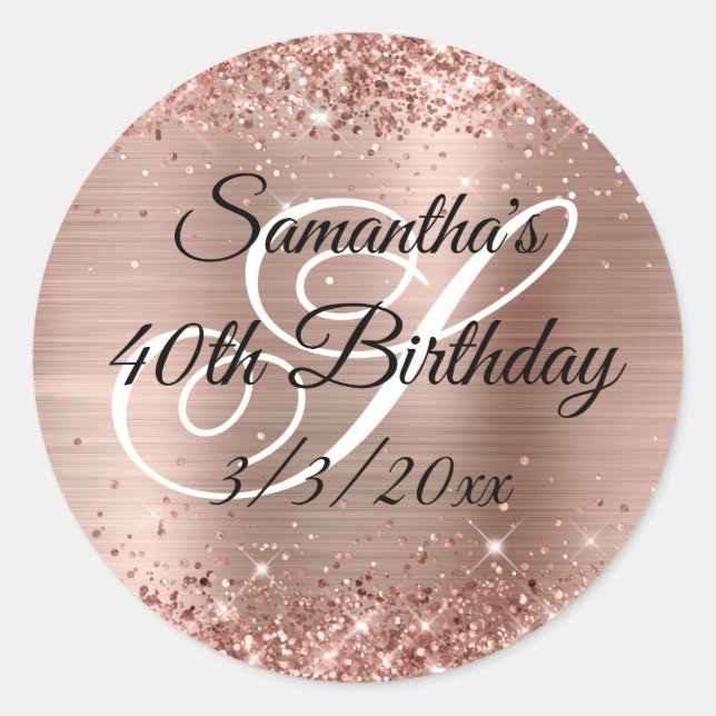 Faux Rose Gold Glitter and Foil 40th Birthday Classic Round Sticker (Front)