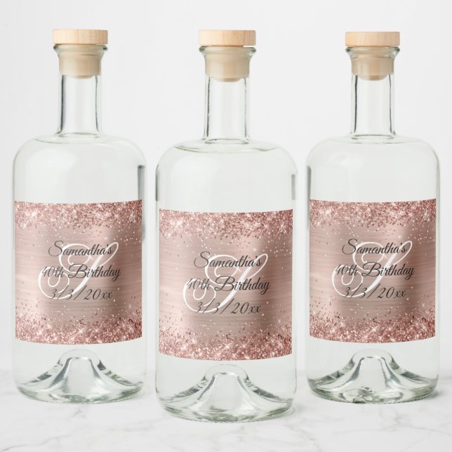 Faux Rose Gold Glitter and Foil 40th Birthday Liquor Bottle Label (Bottles)