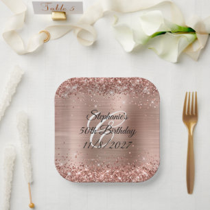 Faux Rose Gold Glitter and Foil 50th Birthday Paper Plate