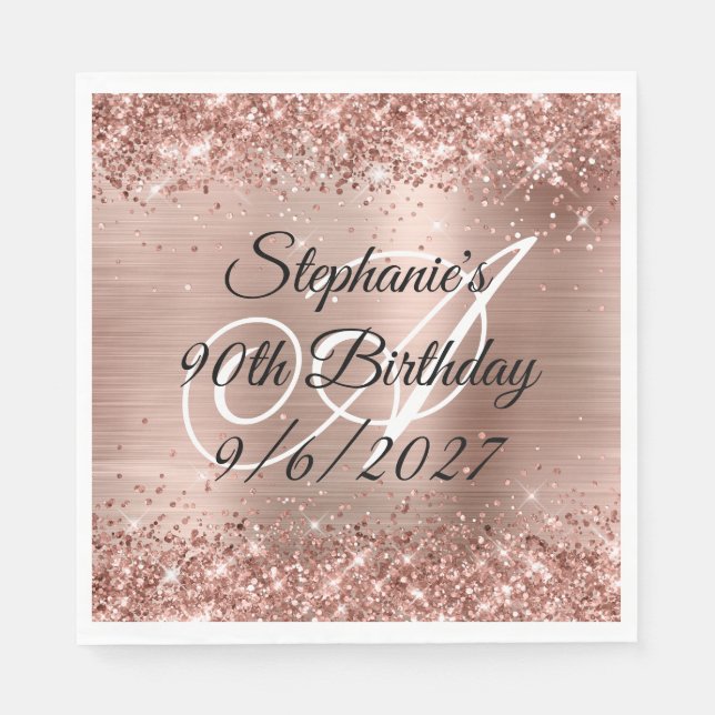 Faux Rose Gold Glitter and Foil 90th Birthday Napkin (Front)