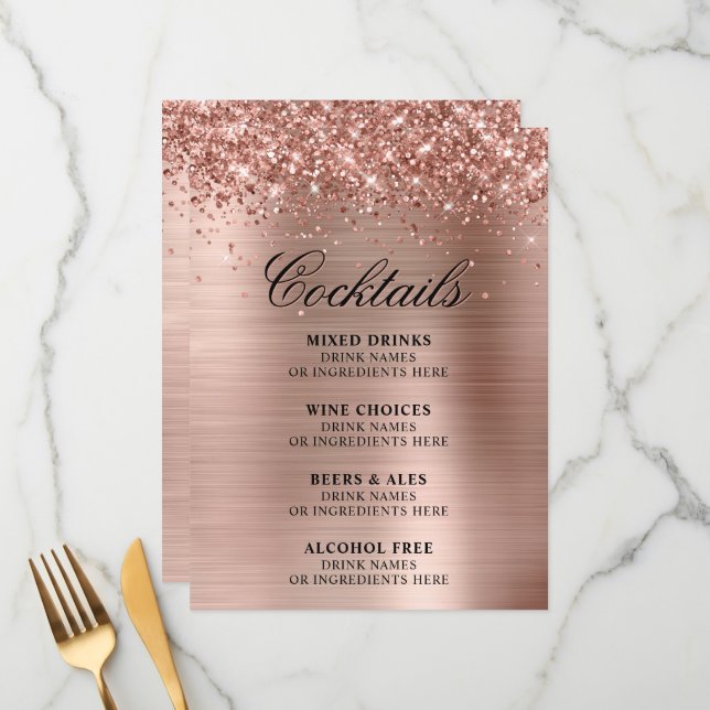 Faux Rose Gold Glitter and Foil Cocktails Bar Menu (Front/Back In Situ)