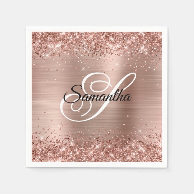 Faux Rose Gold Glitter and Foil Fancy Monogram Napkin (Front)