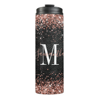 Faux Rose Gold Glitter Black Leather Monogram Thermal Tumbler