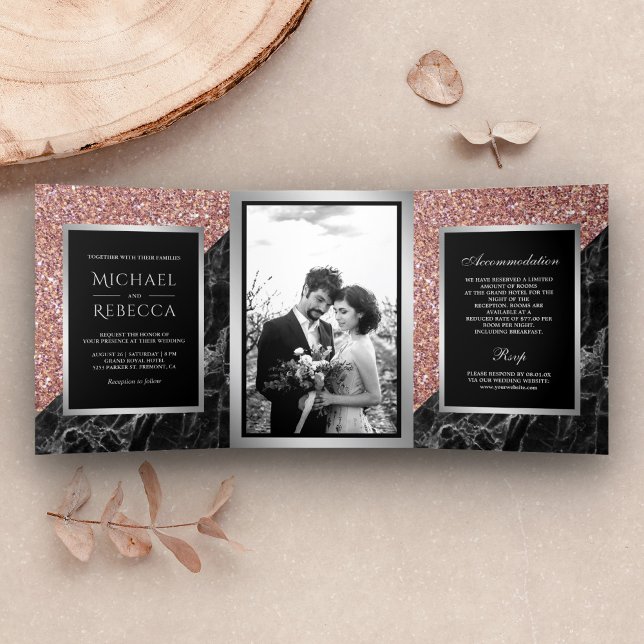 Faux Rose Gold Glitter Black Marble Photo Wedding Tri-Fold Invitation (Creator Uploaded)
