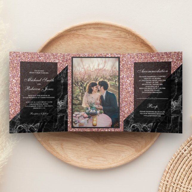 Faux Rose Gold Glitter Black Marble Wedding Photo Tri-Fold Invitation (Creator Uploaded)