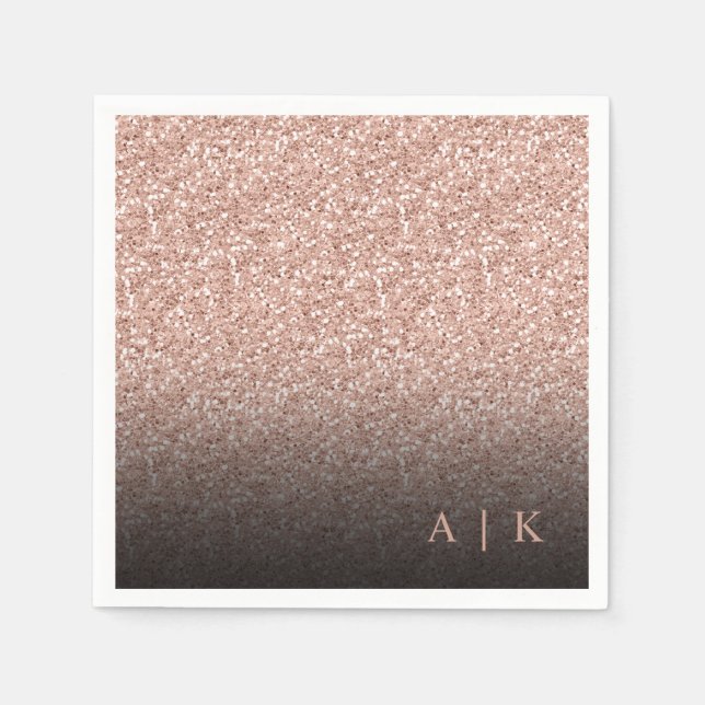 Faux Rose Gold Glitter Black Monogram Wedding Napkin (Front)