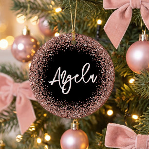 Faux Rose Gold Glitter Black Photo Ceramic Ornament
