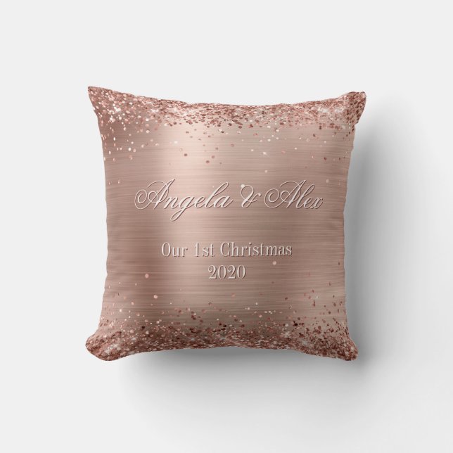 Faux Rose Gold Glitter Brushed Metal Foil Photo Throw Pillow (Front)
