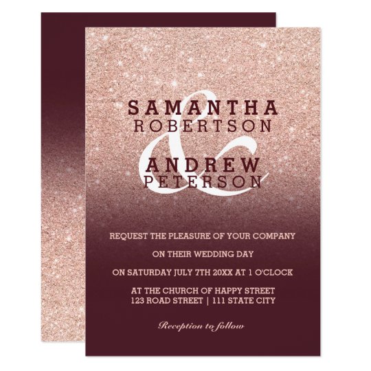 Faux Rose gold glitter burgundy ombre wedding Card