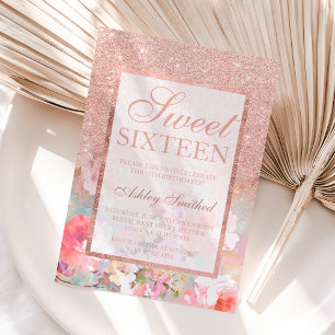 Faux rose gold glitter floral watercolor Sweet 16 Invitation
