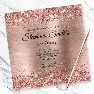 Faux Rose Gold Glitter Foil Monogram 21st Birthday Invitation