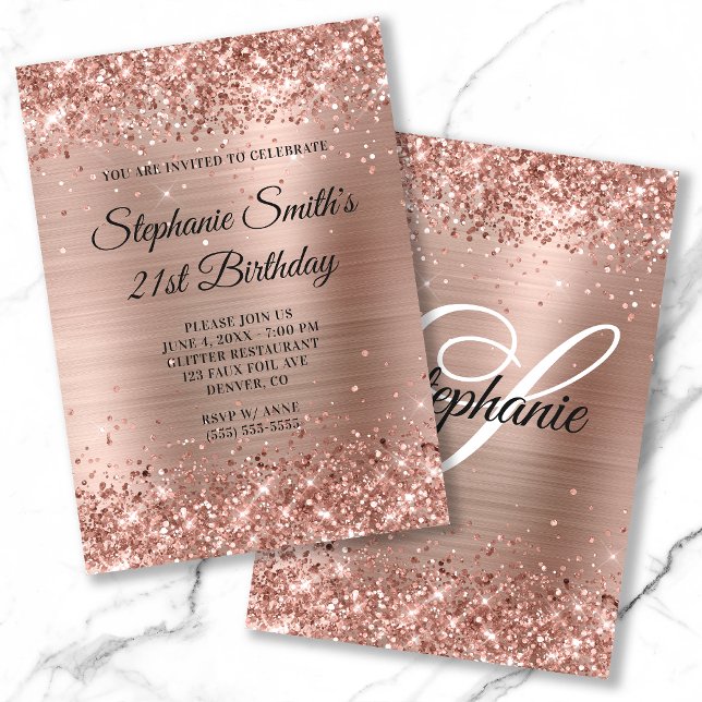 Faux Rose Gold Glitter Foil Monogram 21st Birthday Invitation (Creator Uploaded)