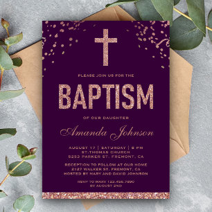 Faux Rose Gold Glitter Girls Purple Baptism Invitation