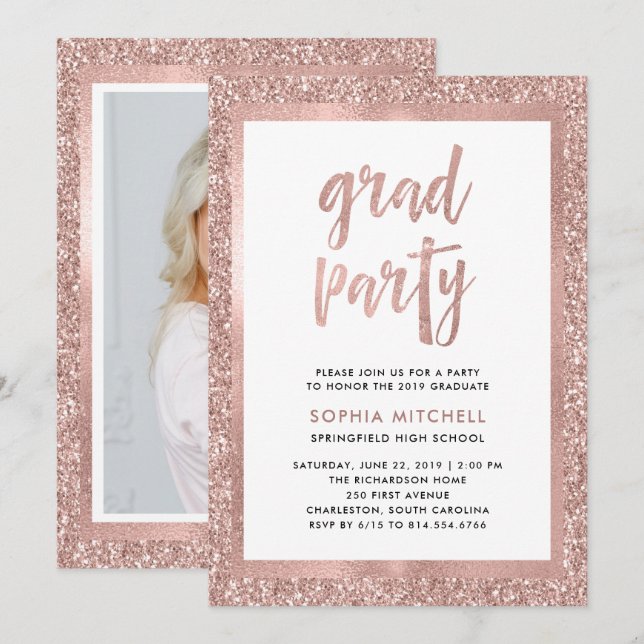 Faux Rose Gold Glitter | Graduation Party Photo Invitation (Front/Back)