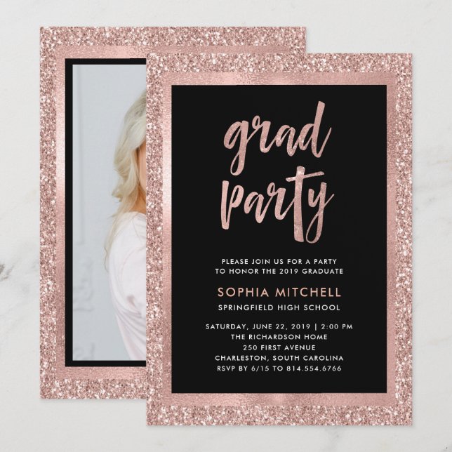 Faux Rose Gold Glitter | Graduation Party Photo Invitation (Front/Back)