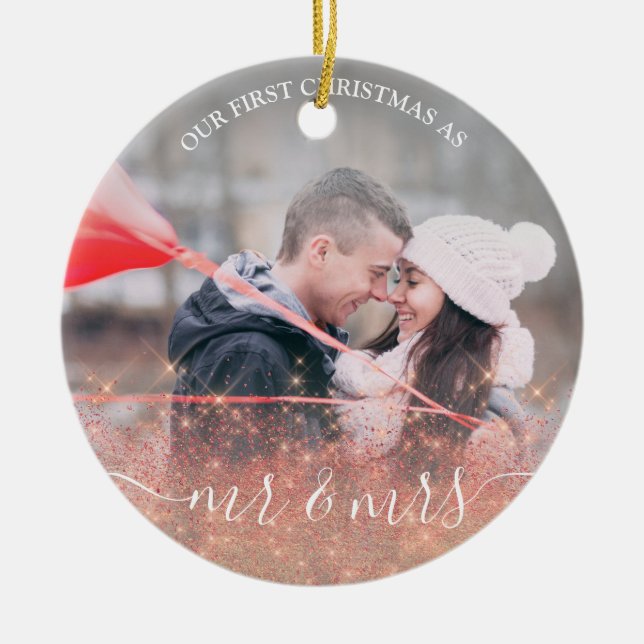Faux rose gold glitter Mr. & Mrs. custom photo Ceramic Ornament (Front)