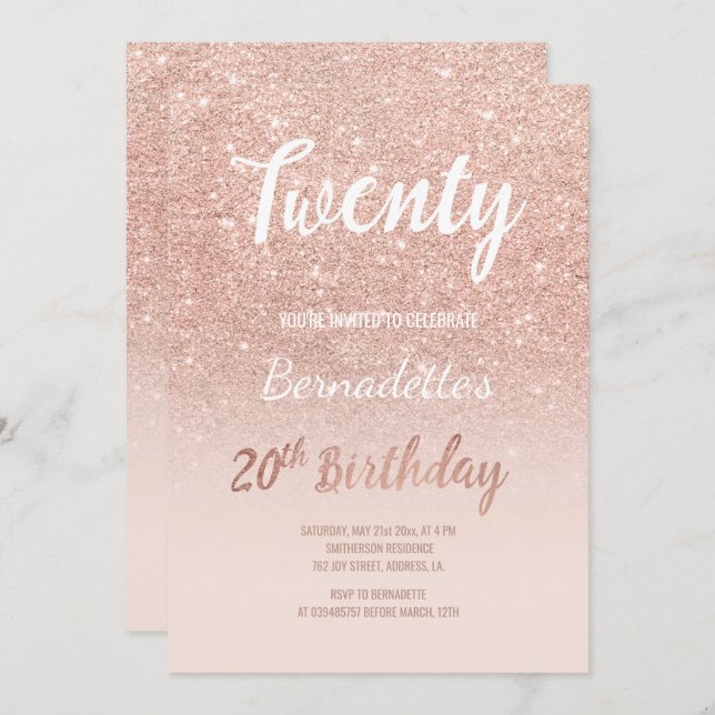 Faux rose gold glitter ombre 20th Birthday Invitation (Front/Back)