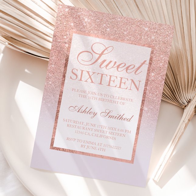 Faux rose gold glitter ombre lilac chic Sweet 16 Invitation (Creator Uploaded)