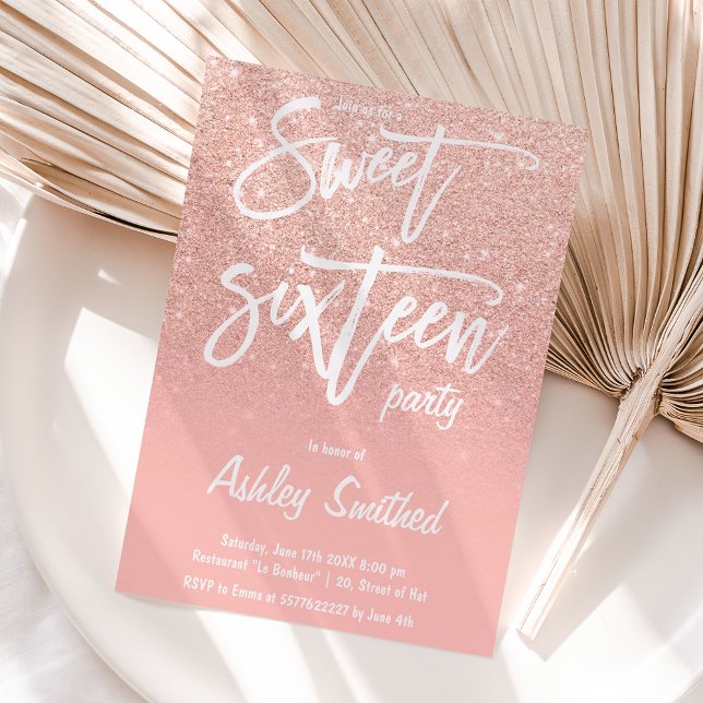 Faux rose gold glitter ombre typography Sweet 16 Invitation (Creator Uploaded)