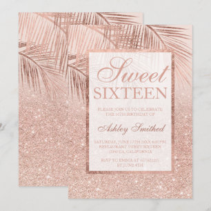 Faux rose gold glitter palm tree blush Sweet 16 Invitation