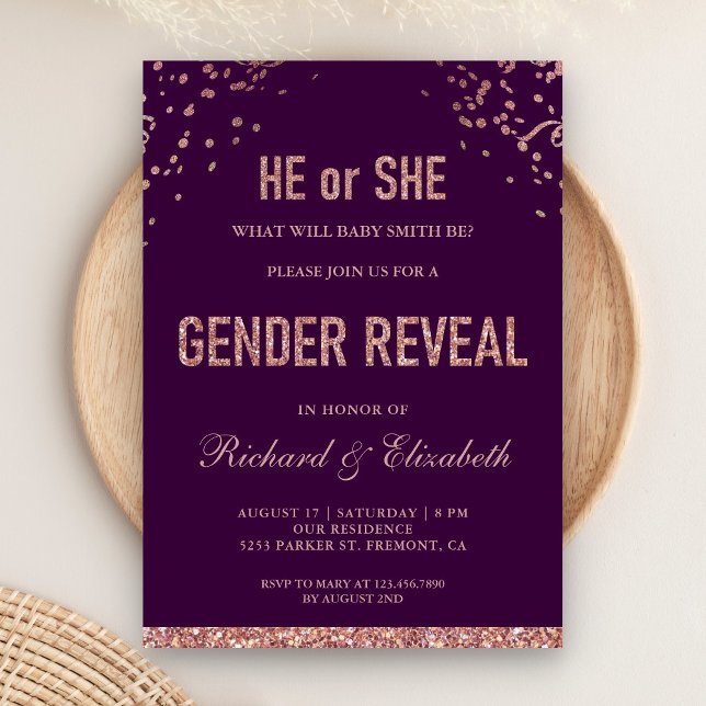 Faux Rose Gold Glitter Purple Gender Reveal Party Invitation (Creator Uploaded)