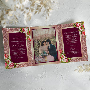 Faux Rose Gold Glitter Sparkle Pink Floral Wedding Tri-Fold Invitation