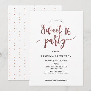 faux rose gold glitter sweet 16 invitation