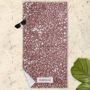 Faux Rose Gold Glitter Texture Look & Custom Name Beach Towel