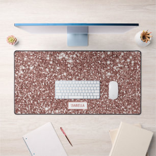 Faux Rose Gold Glitter Texture Look & Custom Name Desk Mat