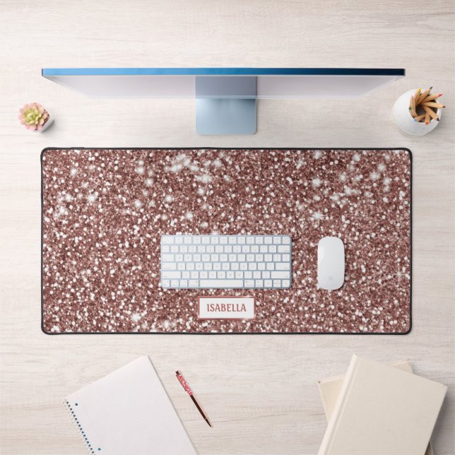 Faux Rose Gold Glitter Texture Look & Custom Name Desk Mat (Office 1)