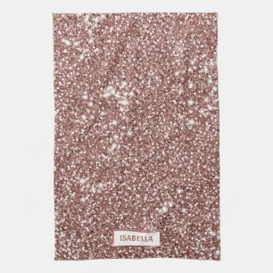 Faux Rose Gold Glitter Texture Look & Custom Name Kitchen Towel