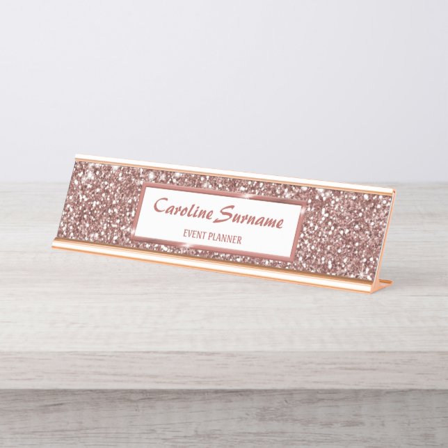 Faux Rose Gold Glitter Texture Look & Custom Text Desk Name Plate (Front)