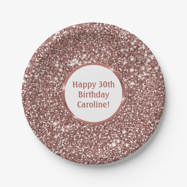 Faux Rose Gold Glitter Texture Look & Custom Text Paper Plate (Front)