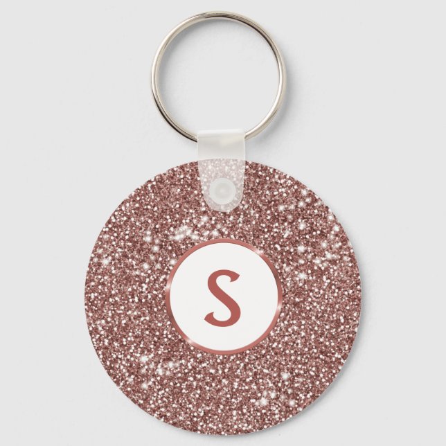 Faux Rose Gold Glitter Texture & Monogram Keychain (Front)