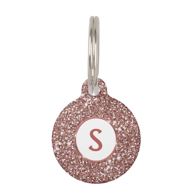 Faux Rose Gold Glitter Texture & Monogram Pet Tag (Front)