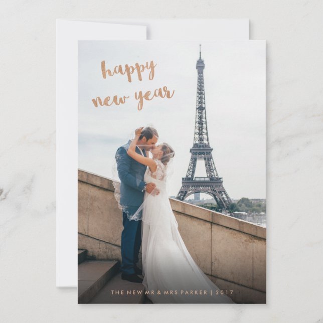 Faux Rose Gold Happy New Year Photo Holiday Card (Front)
