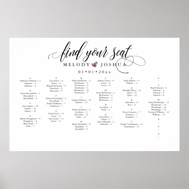 FAUX ROSE GOLD HEART, ALPHA SEATING CHART (Front)
