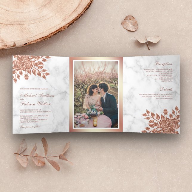 Faux Rose Gold Leaves Floral White Marble Wedding Tri-Fold Invitation (Creator Uploaded)