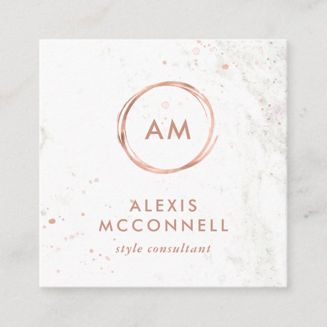 Faux Rose Gold Look on White Marble | Circle Square Business Card (Front)