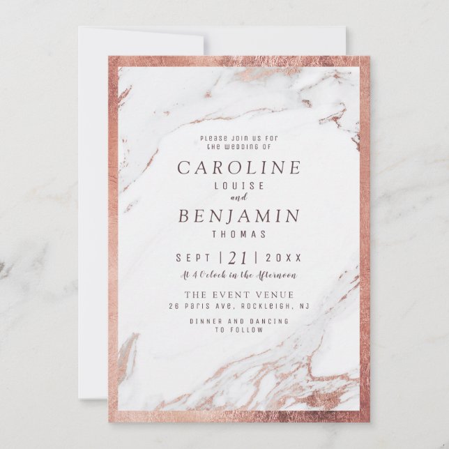 Faux rose gold marble luxury modern wedding invitation (Front)