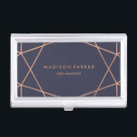 Faux Rose Gold Modern Geometric Design on Blue Business Card Holder<br><div class="desc">This stylish business card holder features a dark midnight blue background with a faux rose gold geometric design.</div>