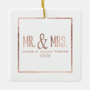 Faux Rose Gold Mr. and Mrs. Monogram Wedding Ceramic Ornament