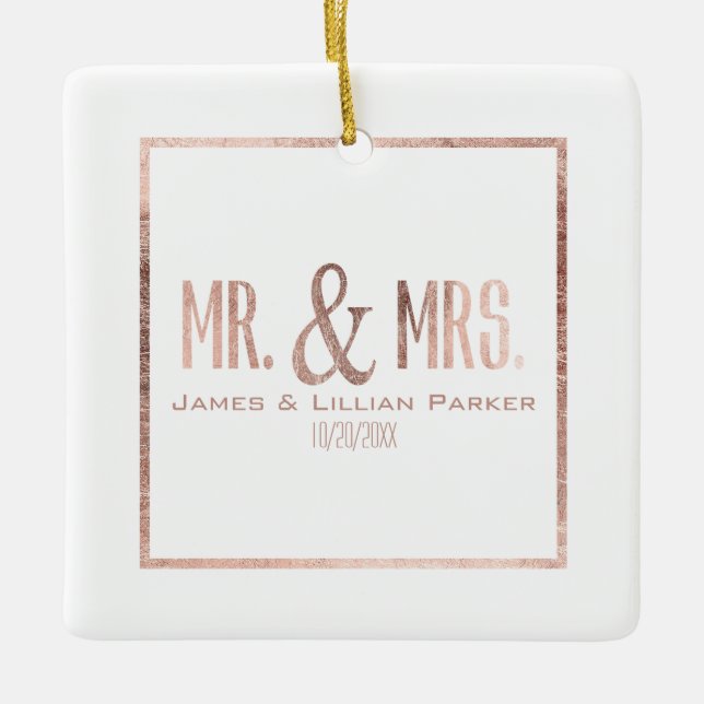 Faux Rose Gold Mr. and Mrs. Monogram Wedding Ceramic Ornament (Front)