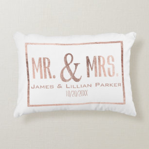 Faux Rose Gold Mr. and Mrs. Monogram Wedding Decorative Pillow