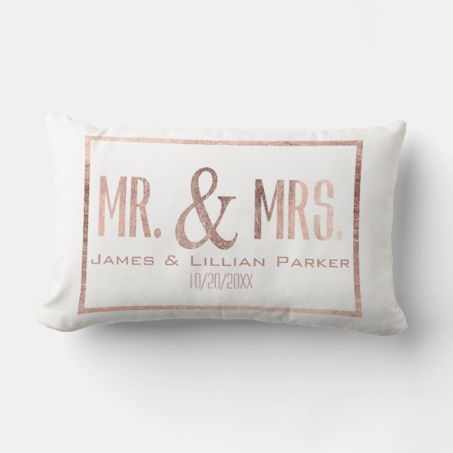 Faux Rose Gold Mr. and Mrs. Monogram Wedding Lumbar Pillow (Front)
