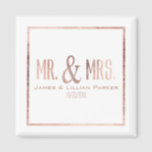 Faux Rose Gold Mr. and Mrs. Monogram Wedding Magnet<br><div class="desc">This elegant and pretty,  faux rose gold foil,  "Mr. and Mrs." personalized magnet is perfect for a memorabilia or keepsake you can keep forever. Remember your special day with this custom print magnet. Just change your names and date to your own and enjoy this gift for many years!</div>