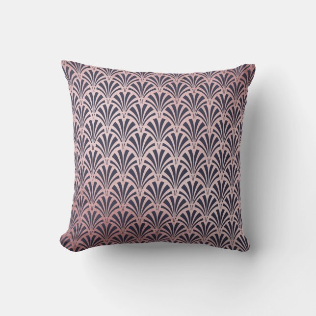 Faux Rose Gold on Midnight Blue Art Deco Pattern Throw Pillow (Front)