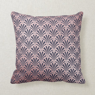 Faux Rose Gold on Midnight Blue Art Deco Pattern Throw Pillow