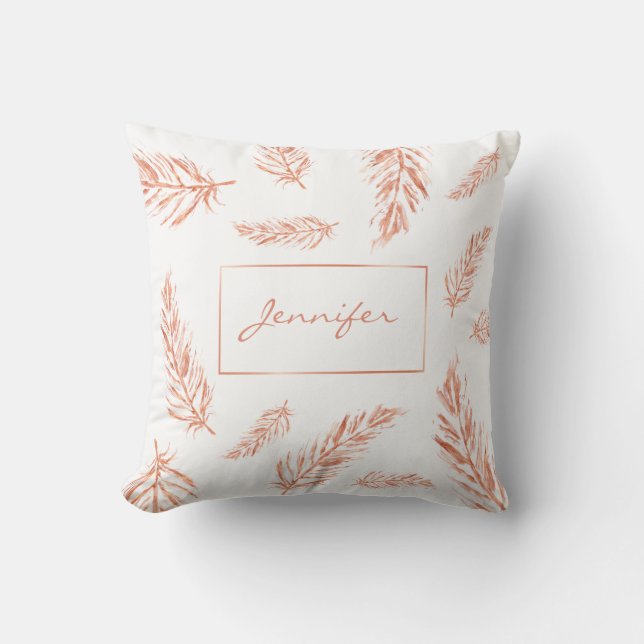 Faux Rose Gold Pin Colour Feathers With Custom Nam Throw Pillow (Front)