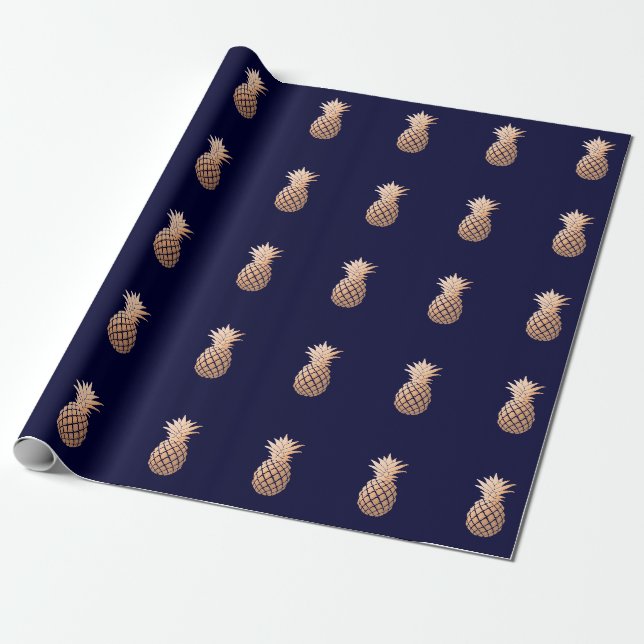 Faux Rose Gold Pineapple on Navy Blue Wrapping Paper (Unrolled)